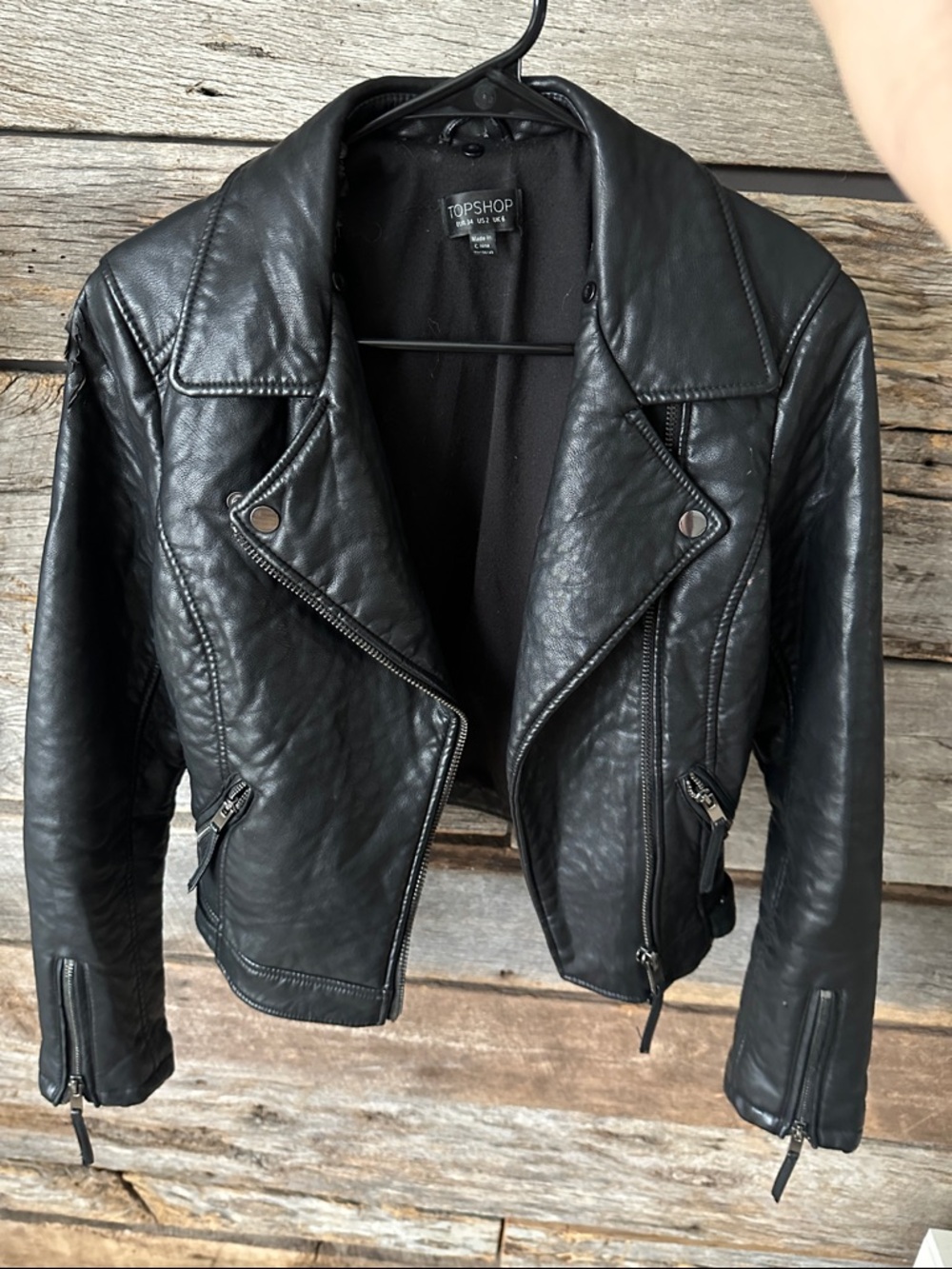 Topshop Black Faux Leather Moto Jacket with Zip Details